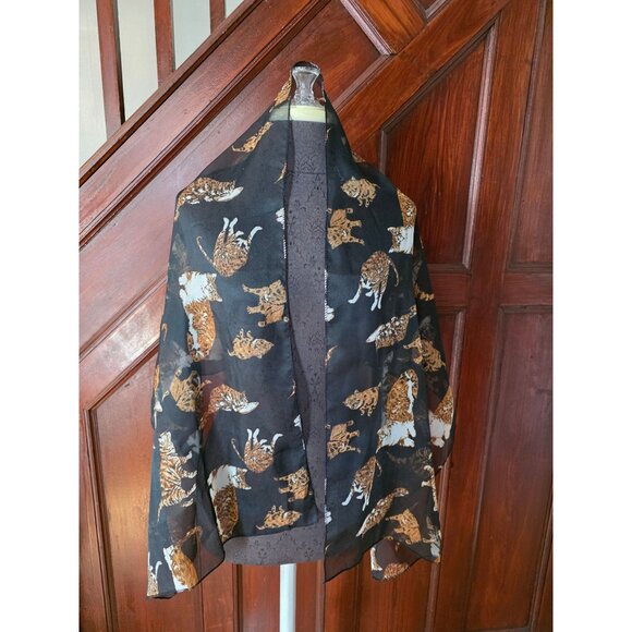 Tabby Cat Black Sheer Scarf With Orange & White Cat Print - Picture 1 of 4